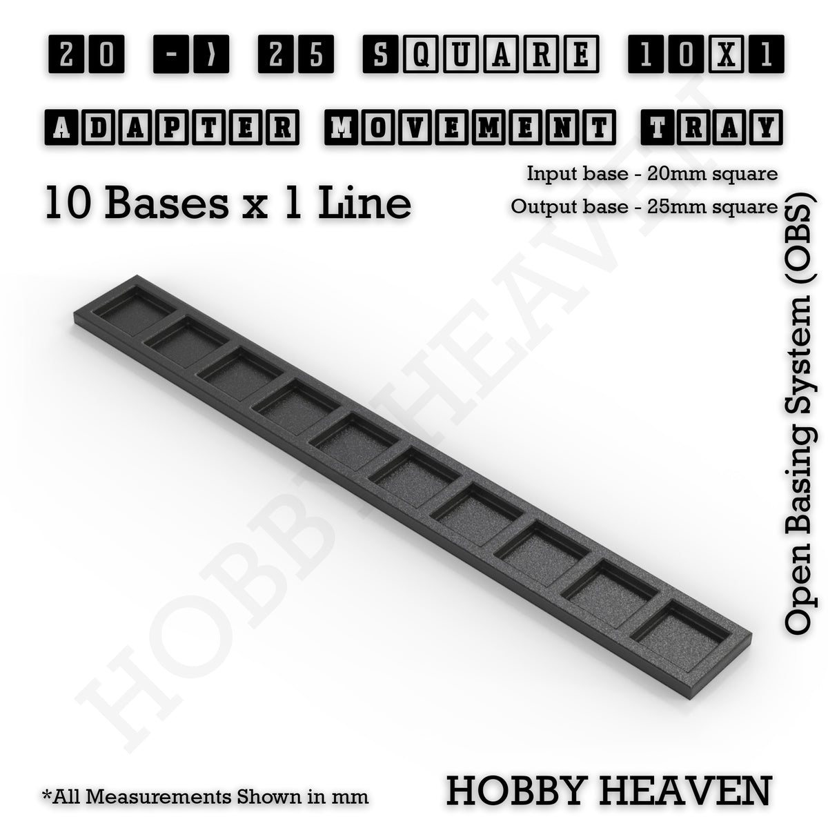 CGI render of the 20 to 25 mm square adapter, 10 × 1 formation, with 10 seats for 20 mm square bases.