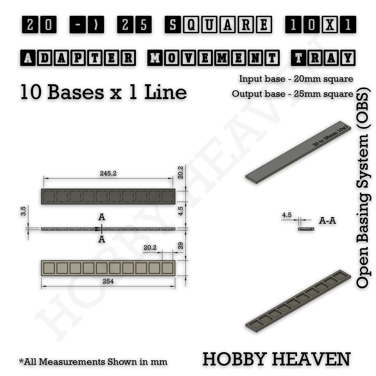 Technical drawing of the 20 to 25 mm square adapter, 10 × 1 formation: 254 × 29 mm overall, 4.5 mm tall.