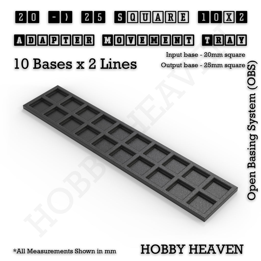 CGI render of the 20 to 25 mm square adapter, 10 × 2 formation, with 20 seats for 20 mm square bases.