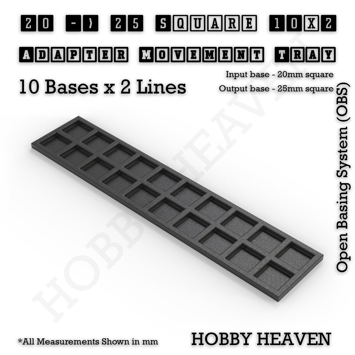 CGI render of the 20 to 25 mm square adapter, 10 × 2 formation, with 20 seats for 20 mm square bases.