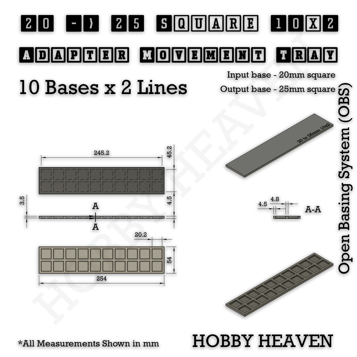 Technical drawing of the 20 to 25 mm square adapter, 10 × 2 formation: 254 × 54 mm overall, 4.5 mm tall.