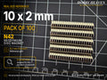 Pack of 100 - one hundred 10 x 2 mm N42 neodymium disc magnets in a block of stacked rows on a half-inch reference grid