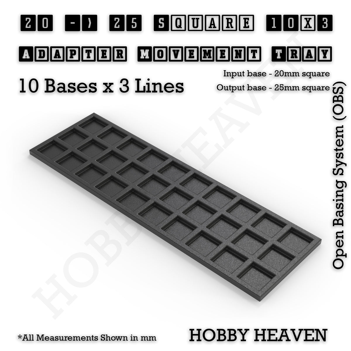 CGI render of the 20 to 25 mm square adapter, 10 × 3 formation, with 30 seats for 20 mm square bases.