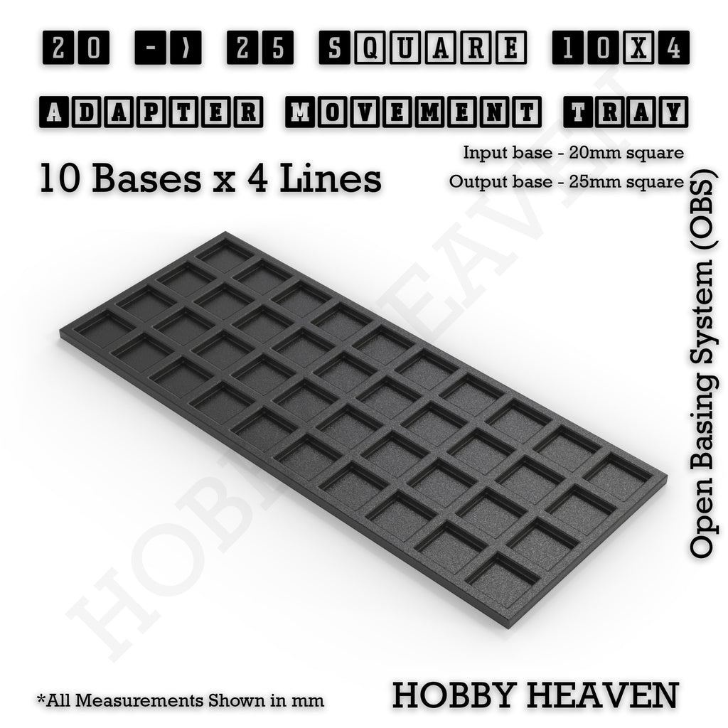 CGI render of the 20 to 25 mm square adapter, 10 × 4 formation, with 40 seats for 20 mm square bases.