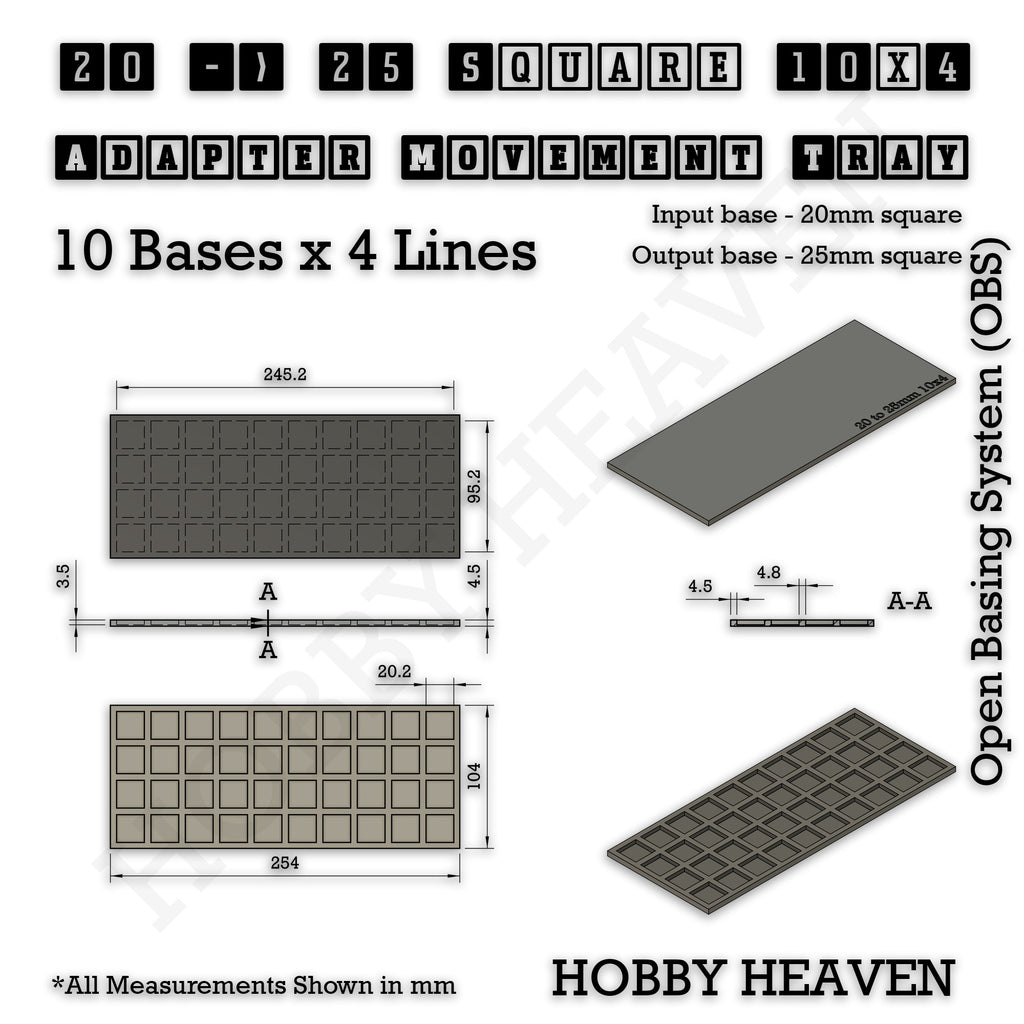 Technical drawing of the 20 to 25 mm square adapter, 10 × 4 formation: 254 × 104 mm overall, 4.5 mm tall.