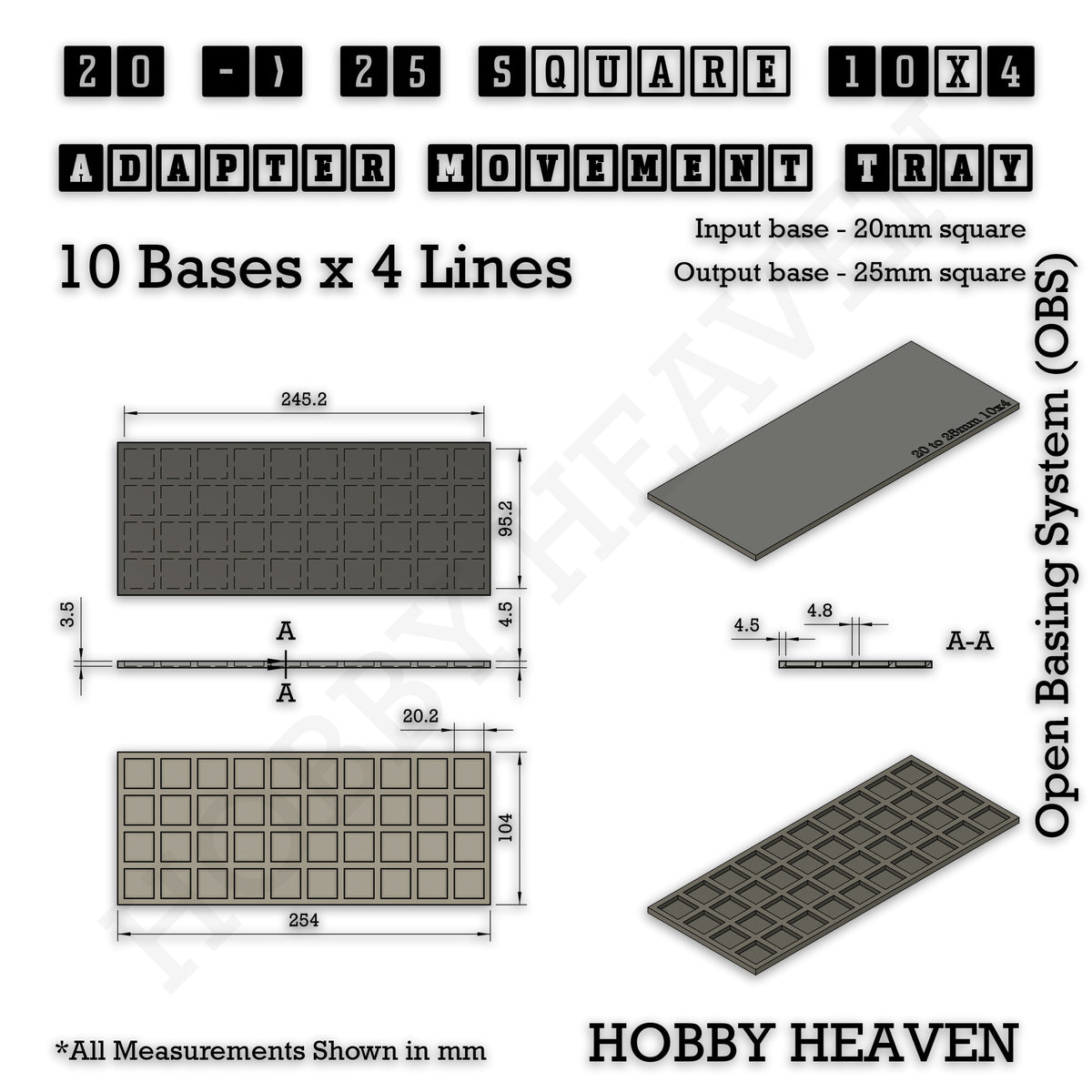 Technical drawing of the 20 to 25 mm square adapter, 10 × 4 formation: 254 × 104 mm overall, 4.5 mm tall.