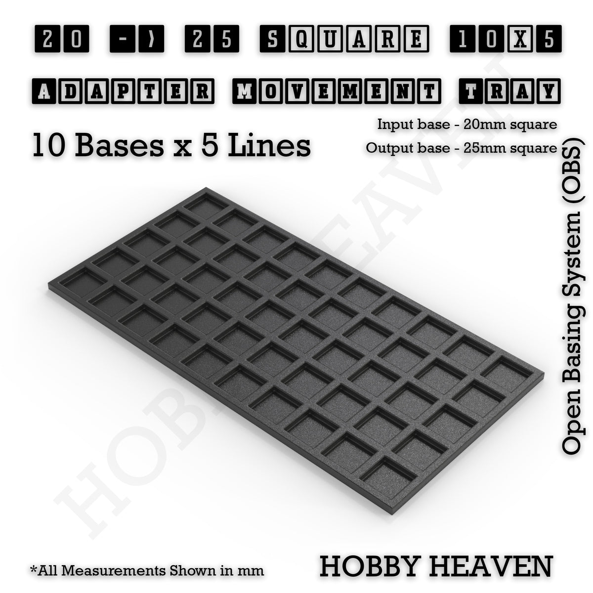 CGI render of the 20 to 25 mm square adapter, 10 × 5 formation, with 50 seats for 20 mm square bases.