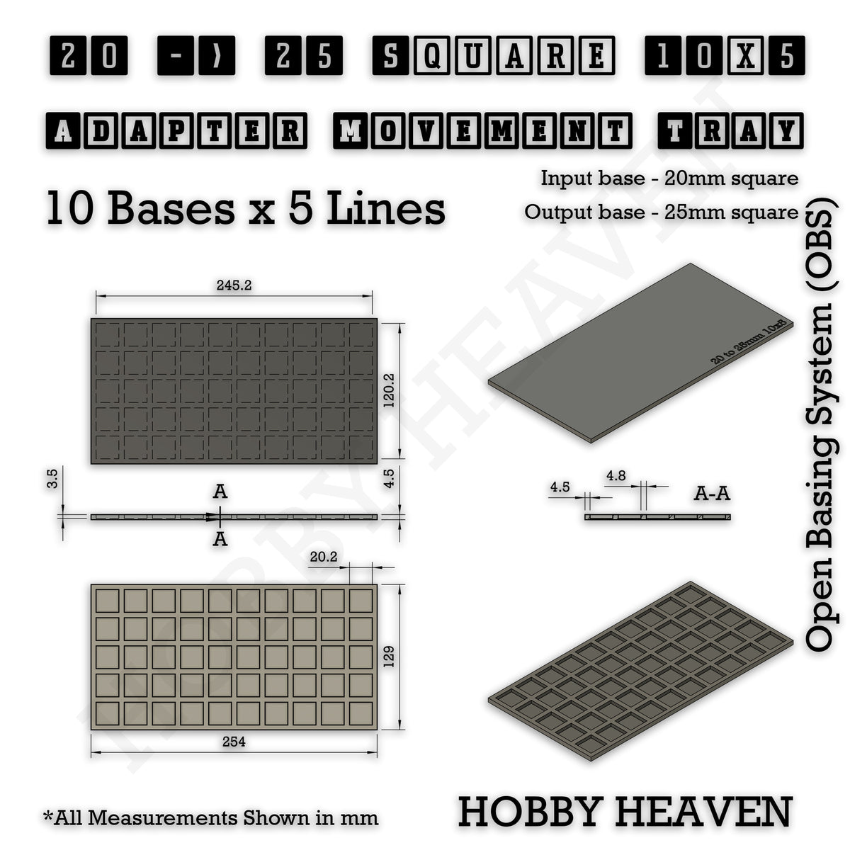 Technical drawing of the 20 to 25 mm square adapter, 10 × 5 formation: 254 × 129 mm overall, 4.5 mm tall.