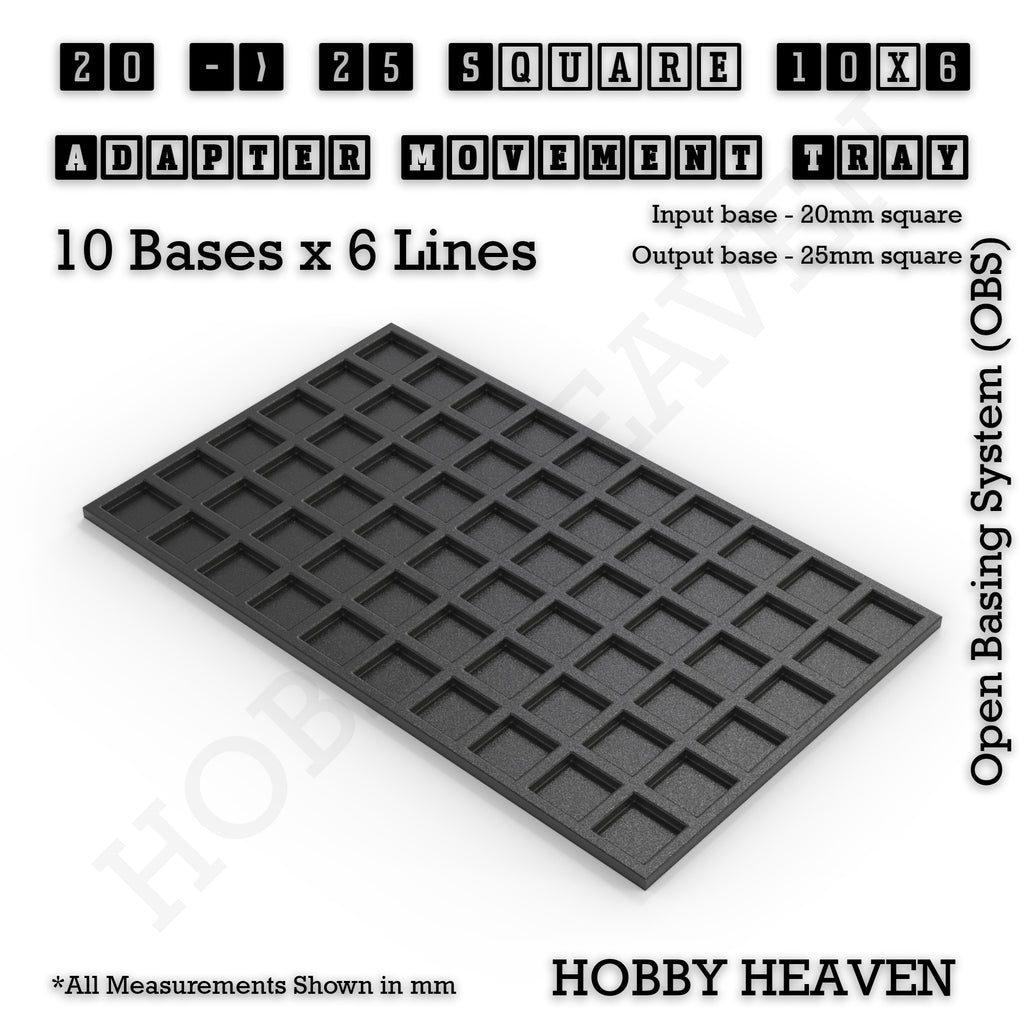 CGI render of the 20 to 25 mm square adapter, 10 × 6 formation, with 60 seats for 20 mm square bases.