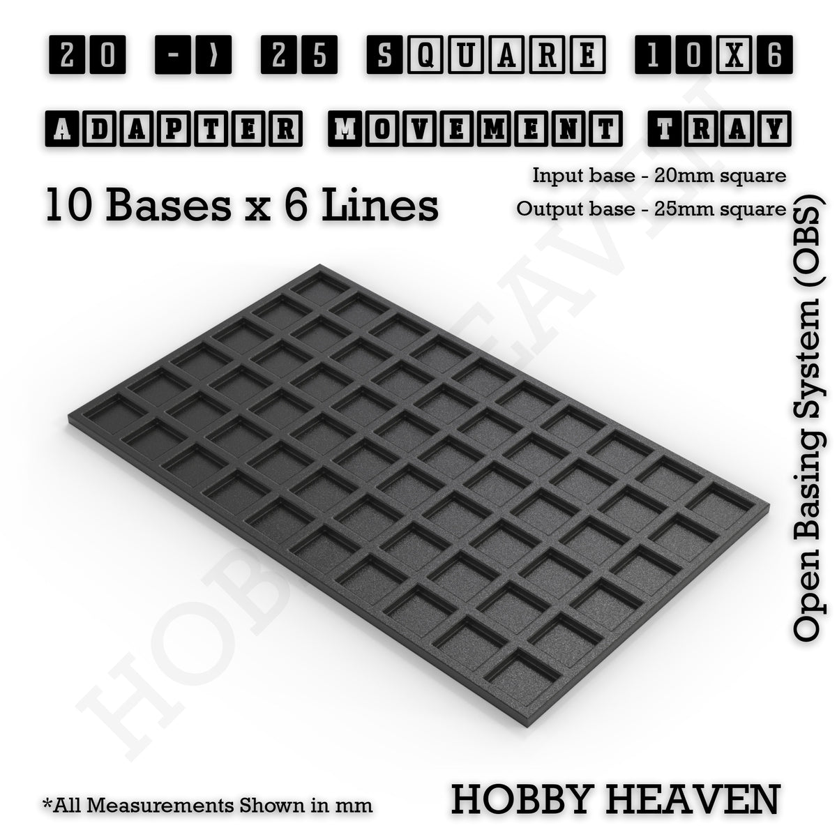 CGI render of the 20 to 25 mm square adapter, 10 × 6 formation, with 60 seats for 20 mm square bases.