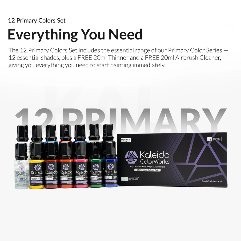 Kaleido RapidAir 12 Primary Airbrush Paint Set + Thinner & Cleaner