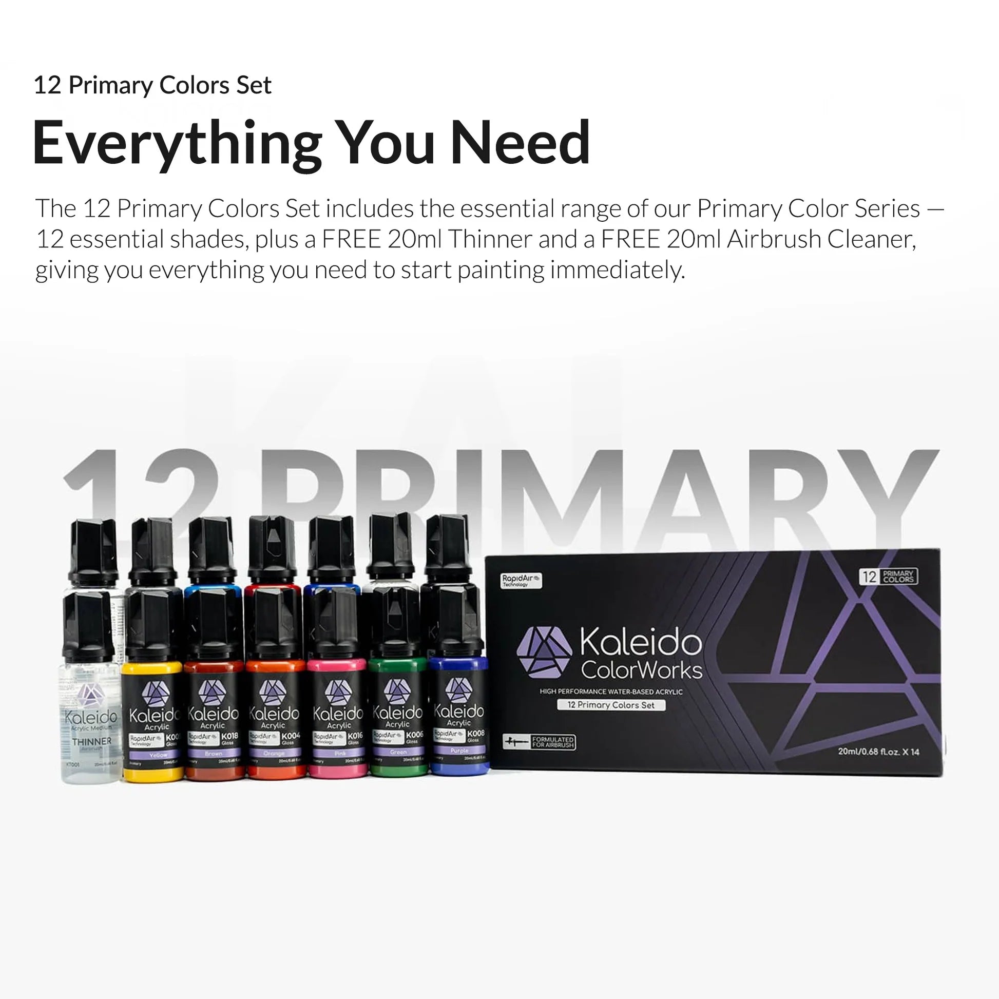 Kaleido RapidAir 12 Primary Airbrush Paint Set + Thinner & Cleaner