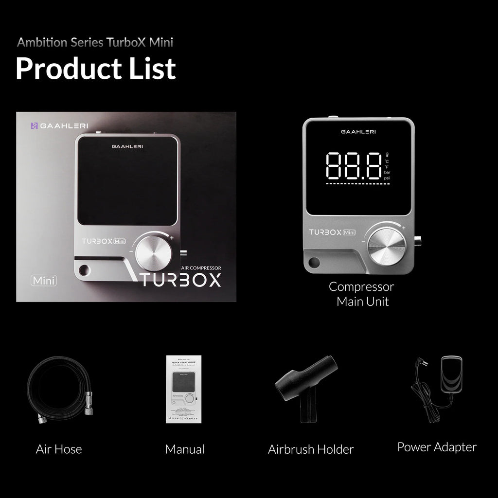 Gaahleri TurboX Mini complete product list showing compressor unit air hose manual airbrush holder and power adapter
