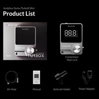 Gaahleri TurboX Mini complete product list showing compressor unit air hose manual airbrush holder and power adapter
