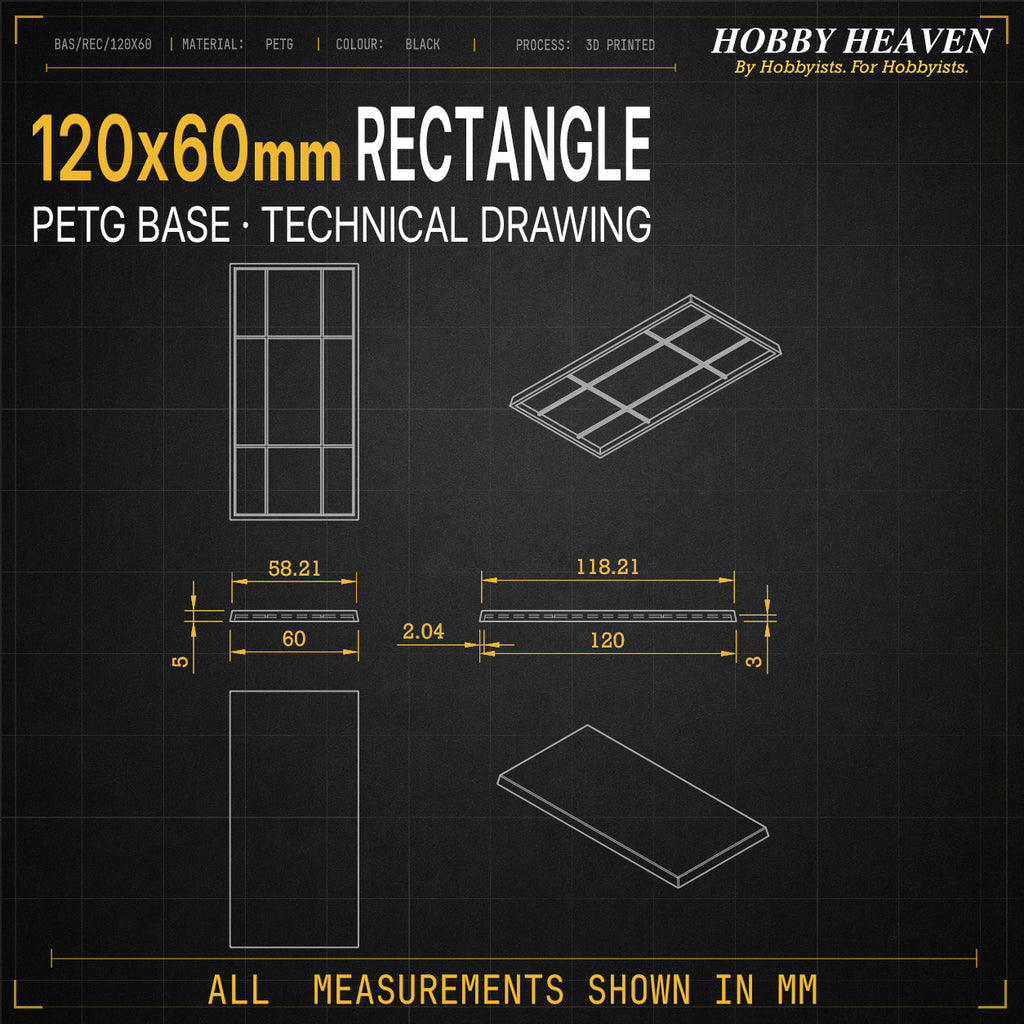 Technical drawing of the 120x60mm rectangle base: plan, underside, side and isometric views, all measurements in mm.