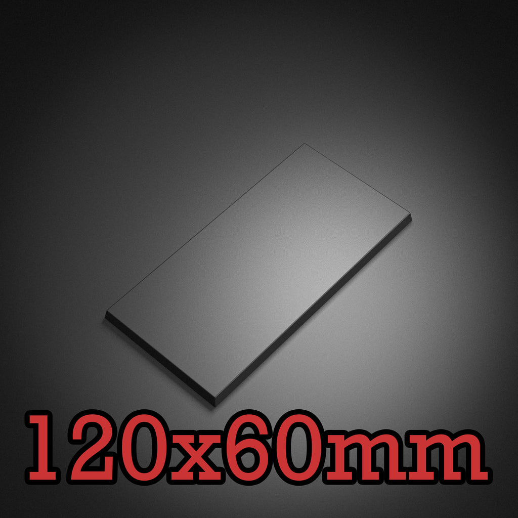 Render of a black 120x60mm rectangular plain wargaming base with a bevelled edge, captioned 120x60mm.