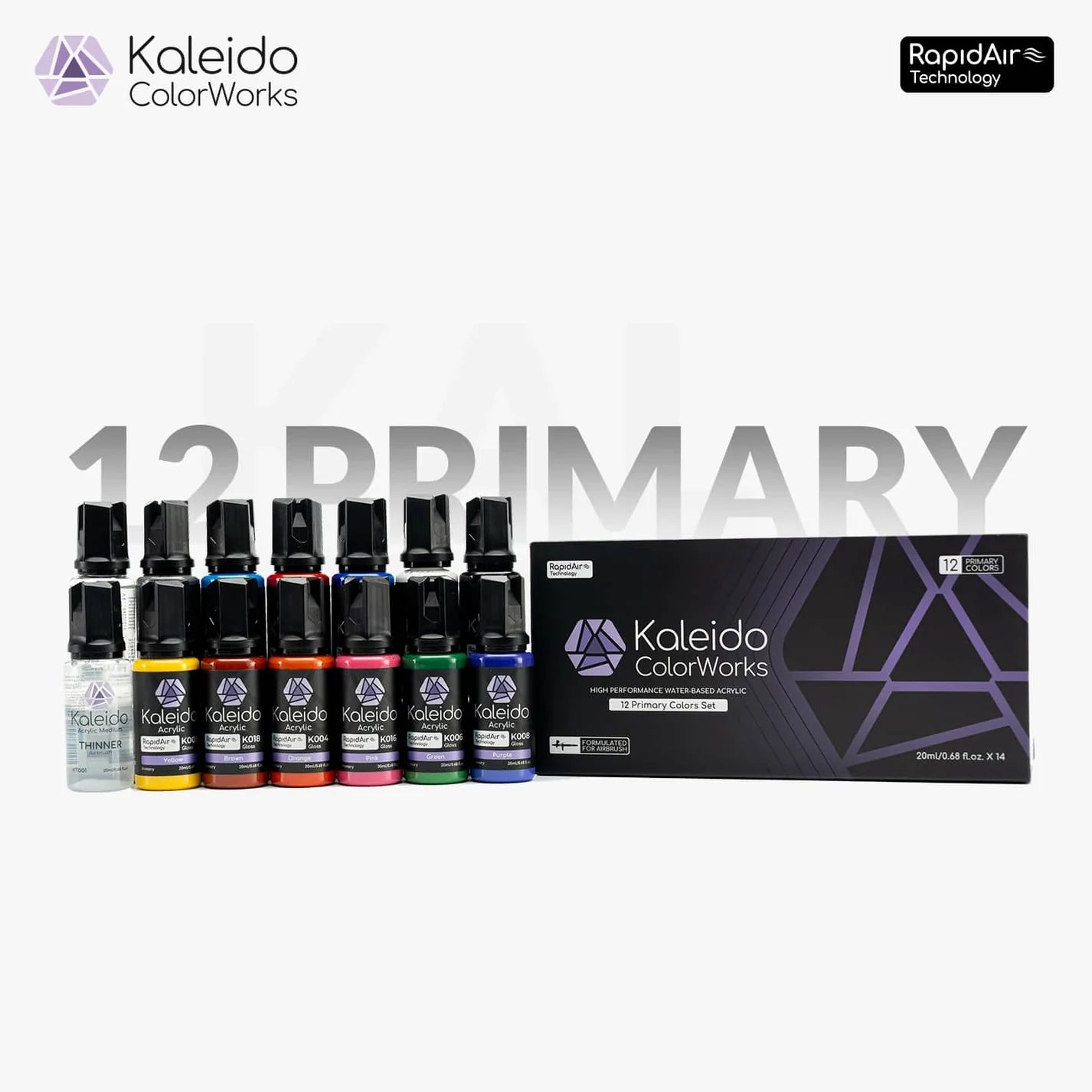 Kaleido RapidAir 12 primary airbrush paint set with thinner and cleaner