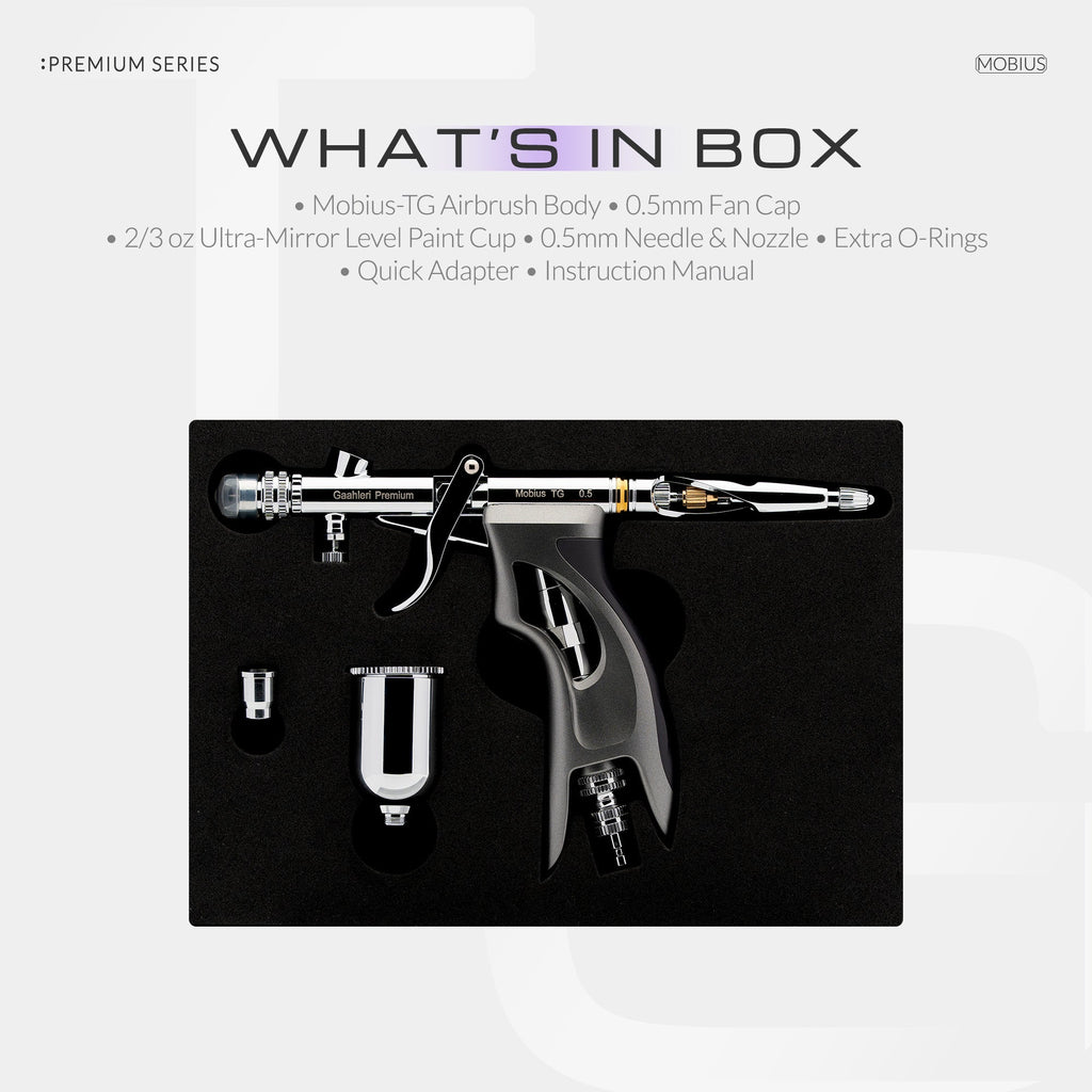 Graphic: what's in the box for the Mobius TG, trigger airbrush, fan cap and paint cup in the foam tray