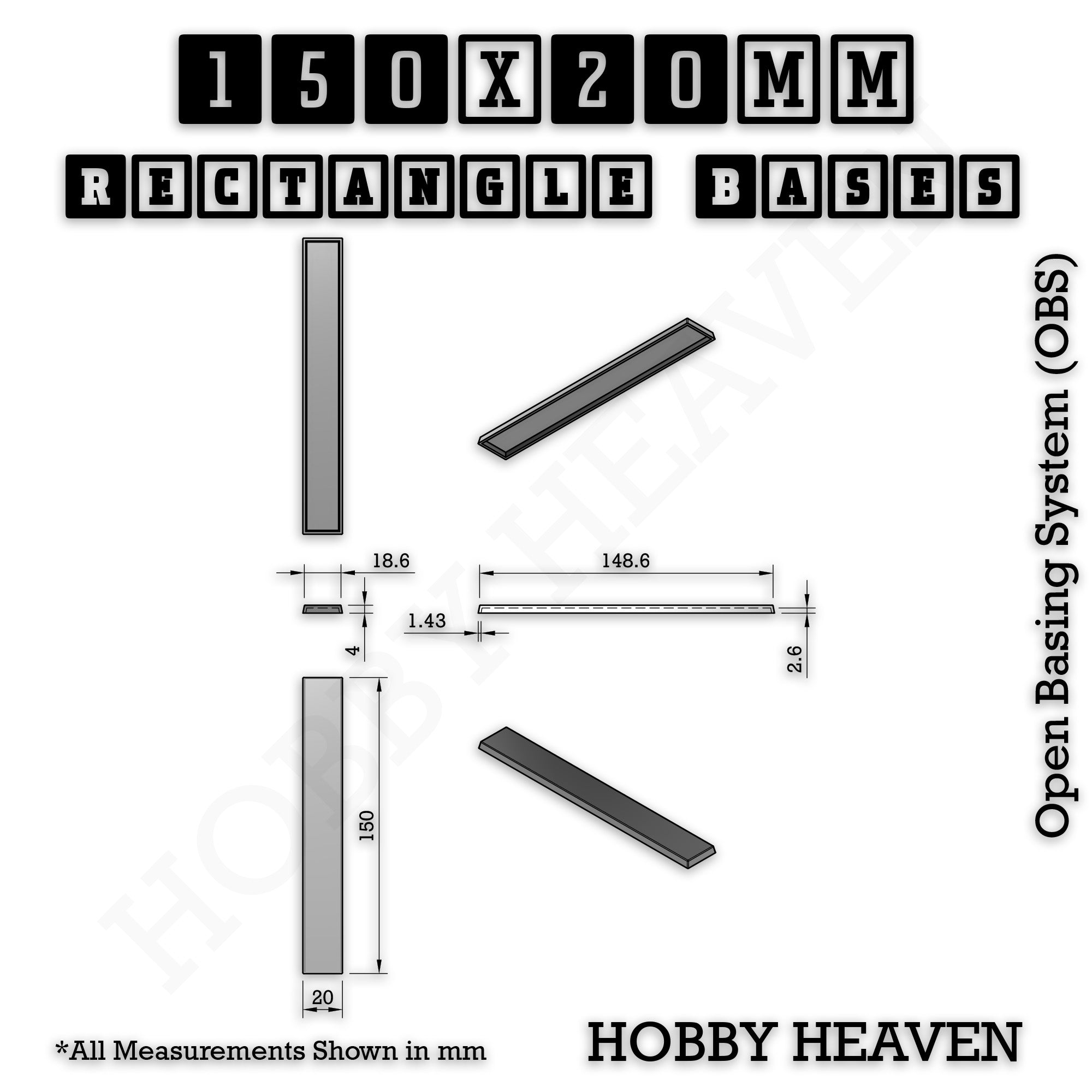 Rectangle Bases Range Sizes - 125x50mm to 200x175mm Large Sizes 3d Print Full Range Tabletop Games