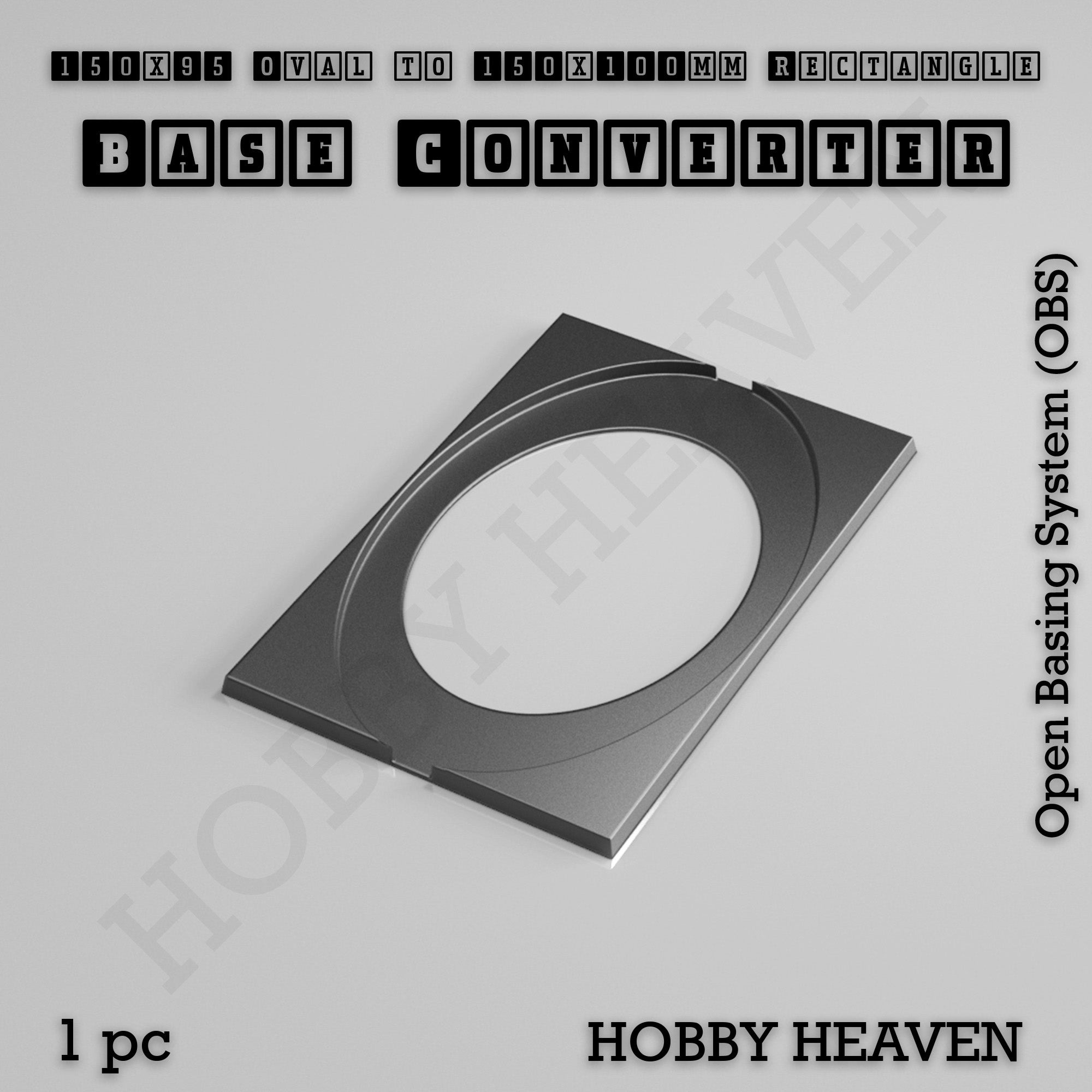 A single converter that gives a 150x95mm oval base a 150x100mm rectangular footprint, shown alone.