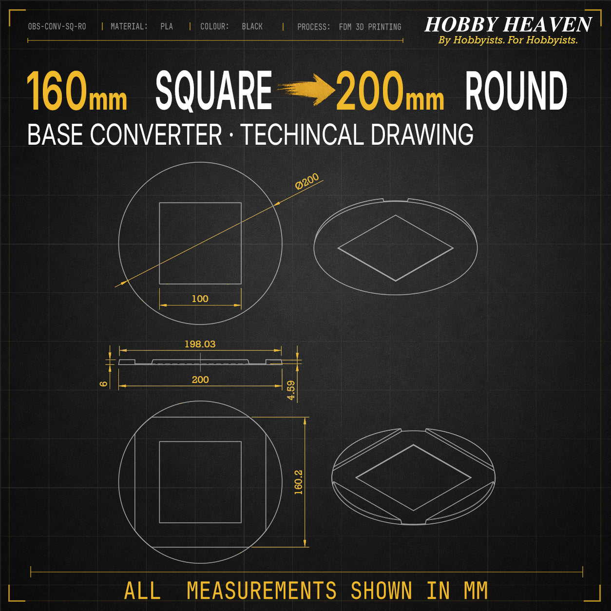 Square to Round Base Converters 3D Print Full Range