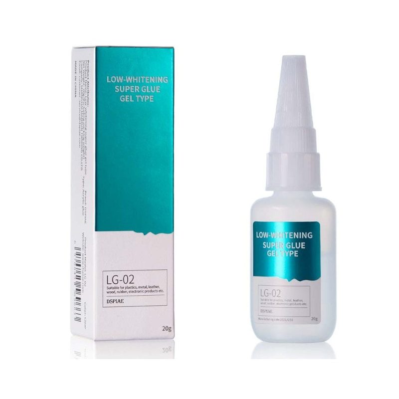 DSPIAE LG-02 low-whitening gel super glue, 20 g bottle and its retail box on white