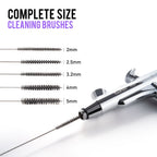 Gaahleri panel: five cleaning brushes sized 2, 2.5, 3.2, 4 and 5 mm, one passed through an airbrush
