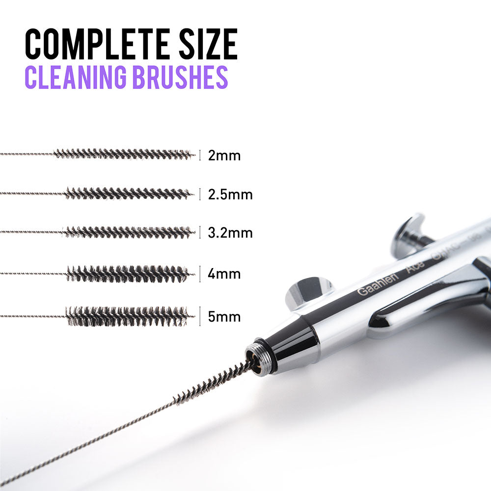 Gaahleri panel: five cleaning brushes sized 2, 2.5, 3.2, 4 and 5 mm, one passed through an airbrush