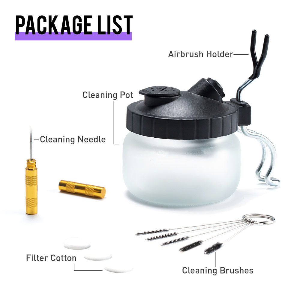 Gaahleri package list: cleaning pot, airbrush holder, cleaning needle, filter cotton and cleaning brushes, each labelled
