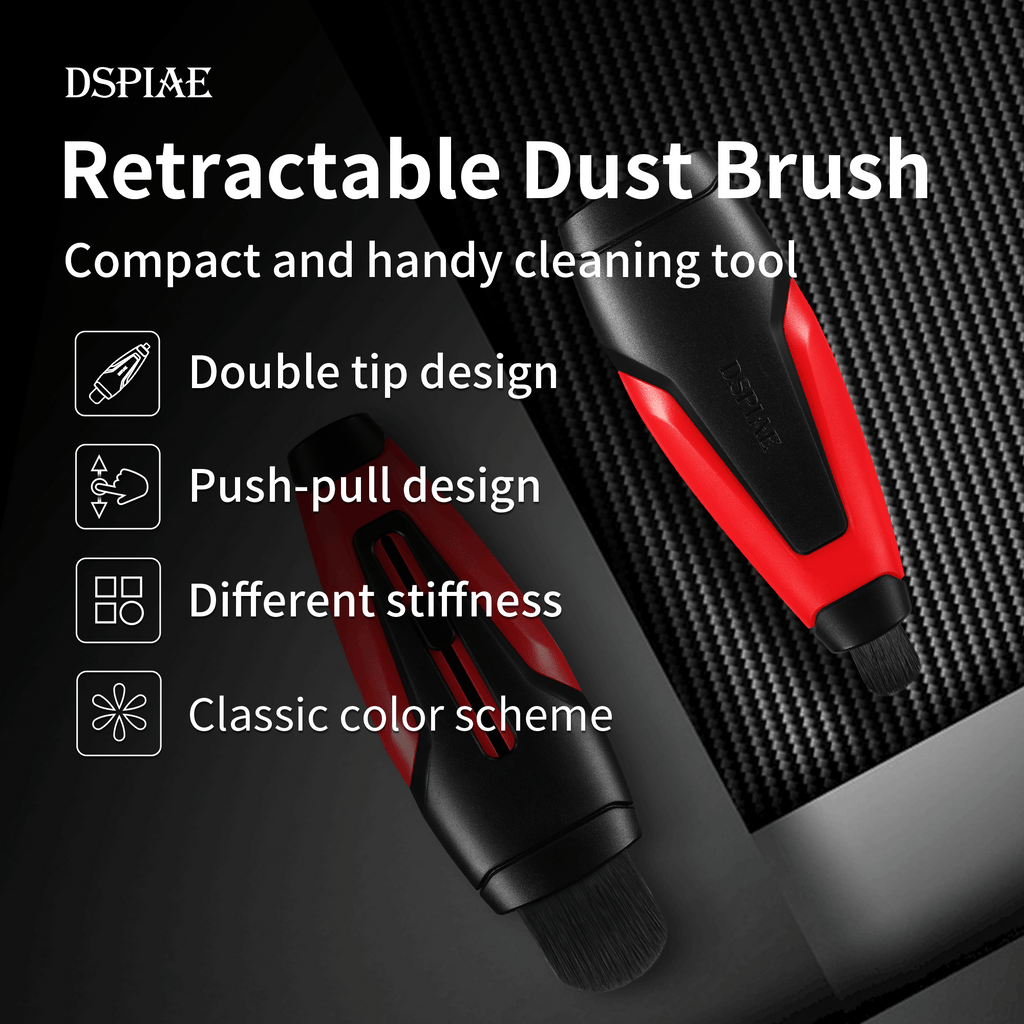 DSPIAE Retractable Dust Brush panel: double tip, push-pull slider, two stiffnesses, red and black