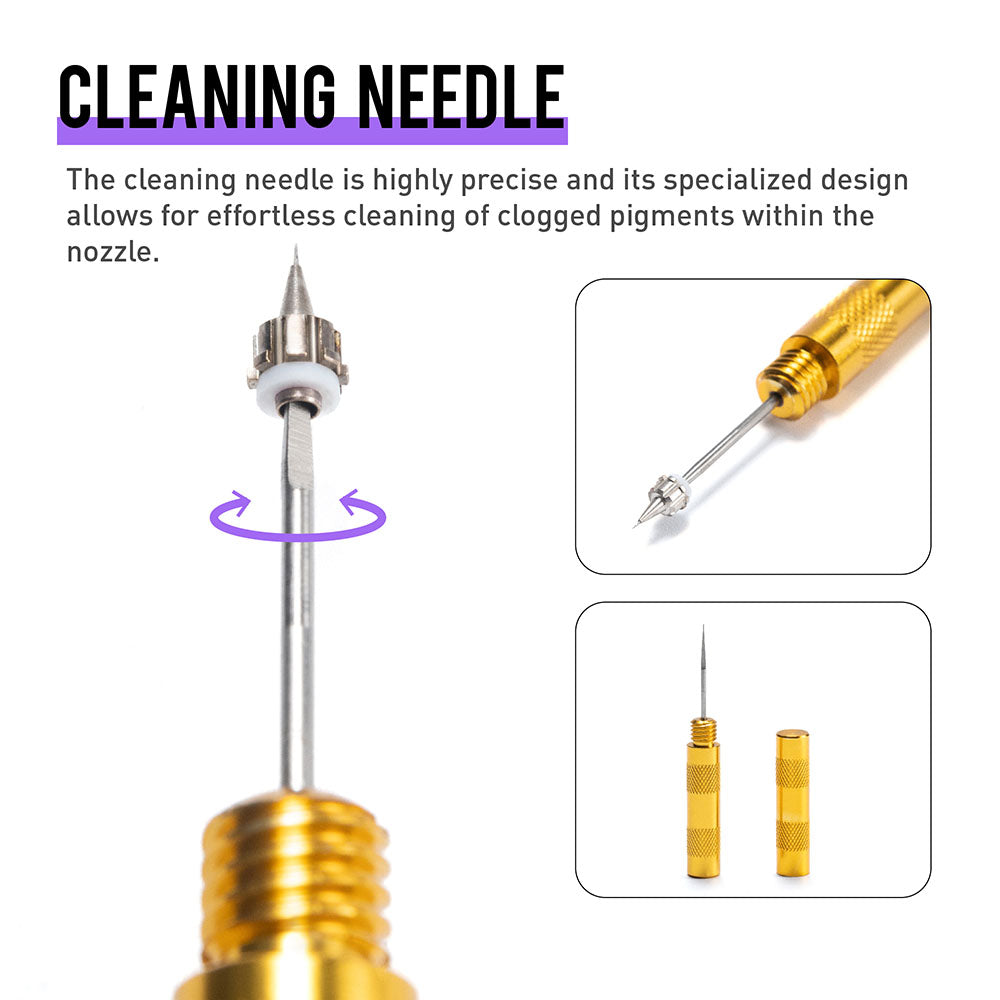 Gaahleri panel: cleaning needle in a clogged airbrush nozzle, with the needle shown in and out of its gold-coloured holder