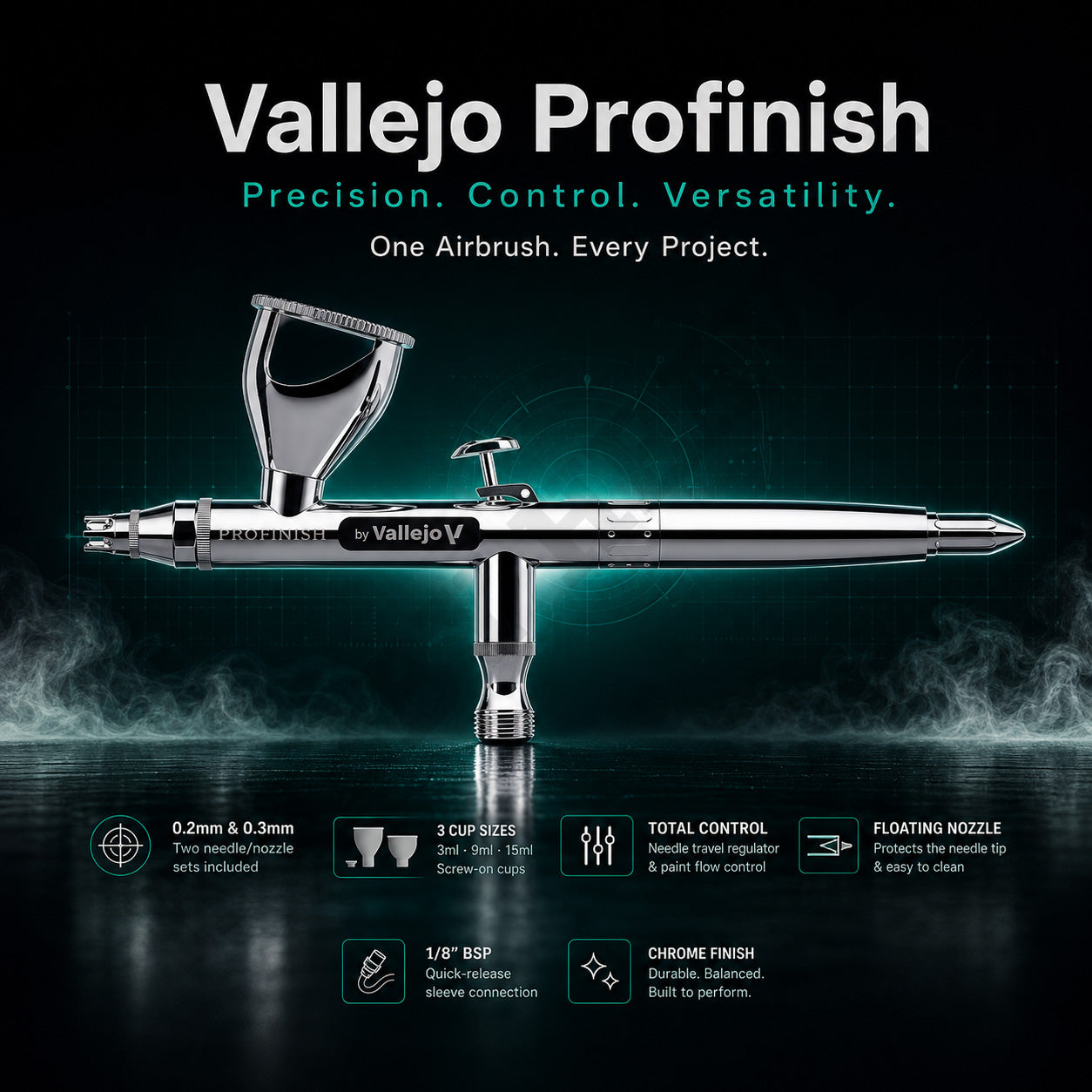 Vallejo Profinish Airbrush 90002 Dual Action Gravity Feed 0.2 & 0.3mm 3 Cups