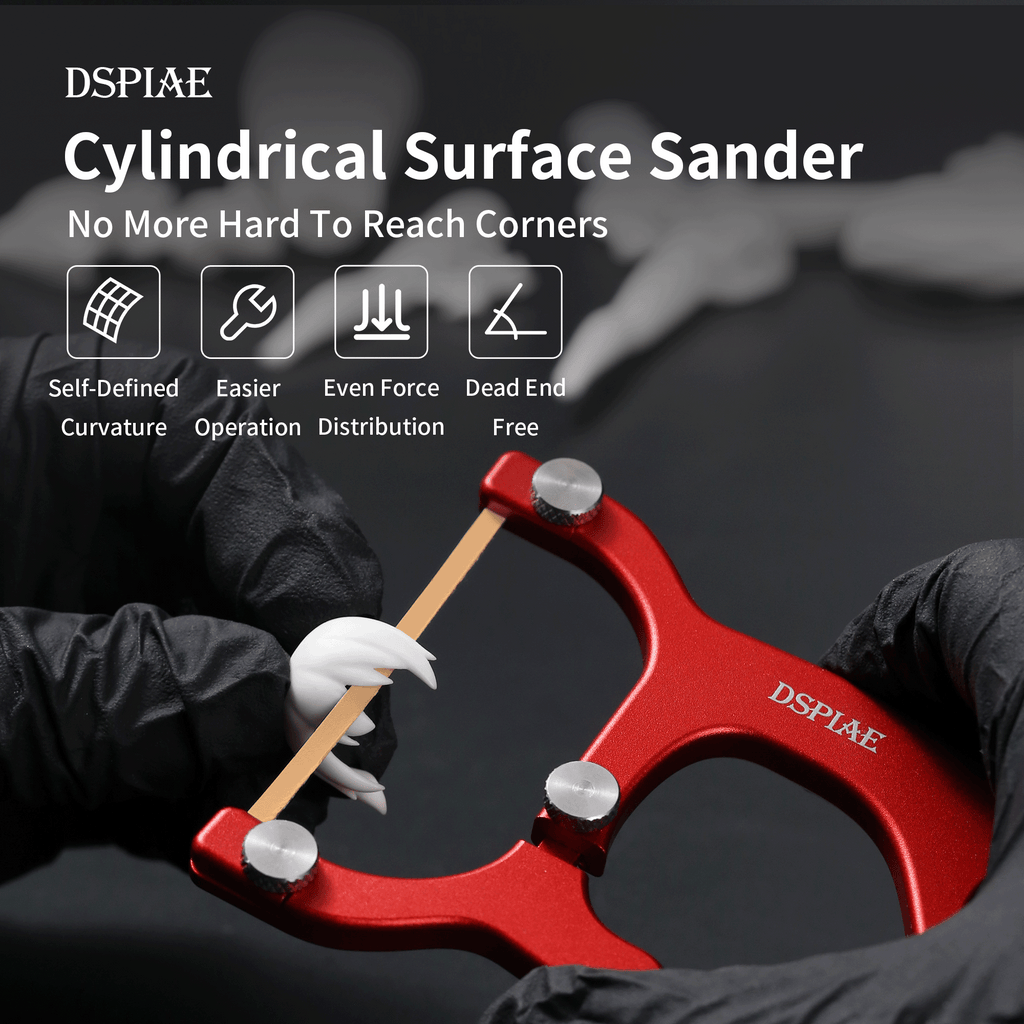 Maker graphic: the AT-CSS tensioning a sandpaper strip against a white resin part, held in gloved hands