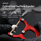 Maker graphic: the AT-CSS tensioning a sandpaper strip against a white resin part, held in gloved hands