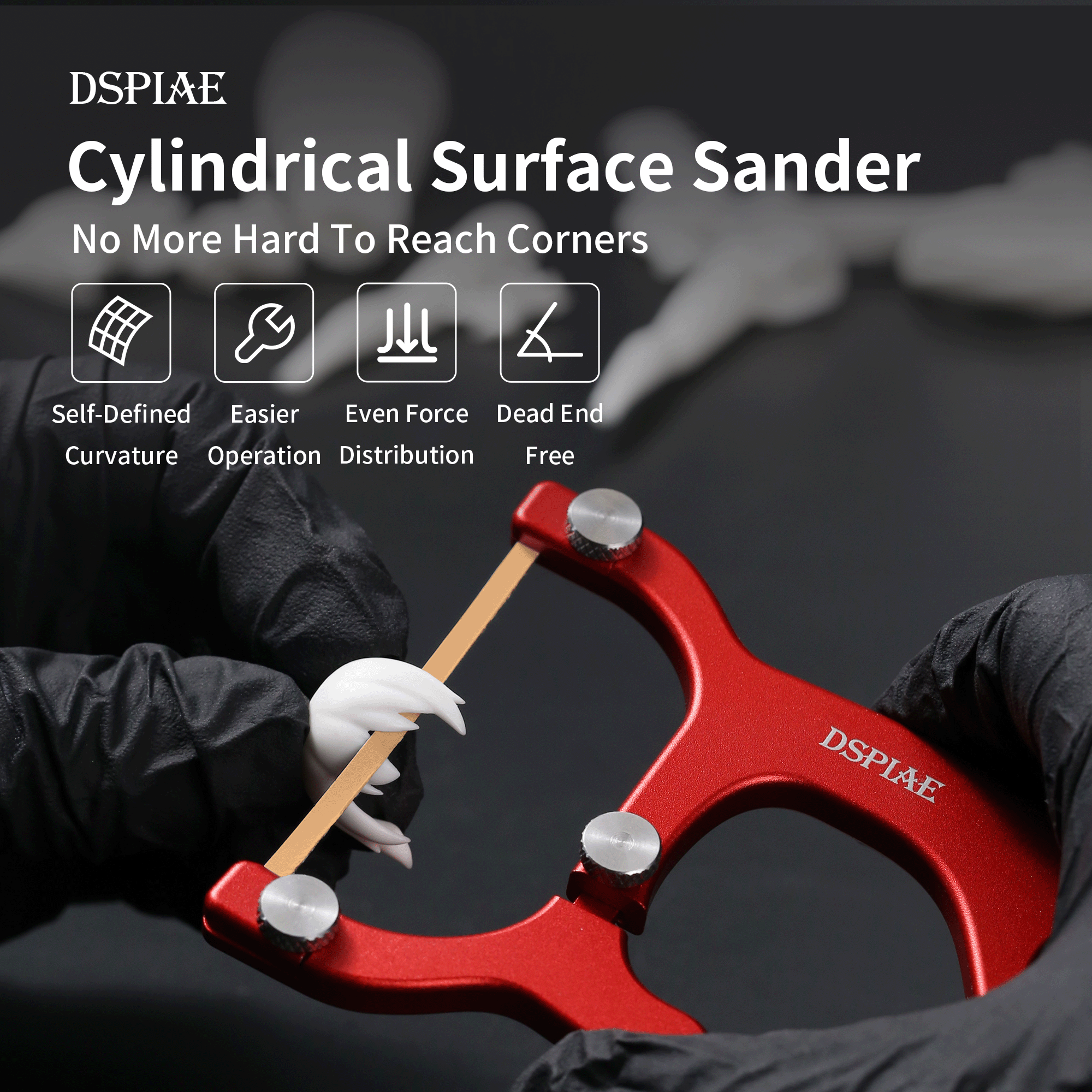 Maker graphic: the AT-CSS tensioning a sandpaper strip against a white resin part, held in gloved hands