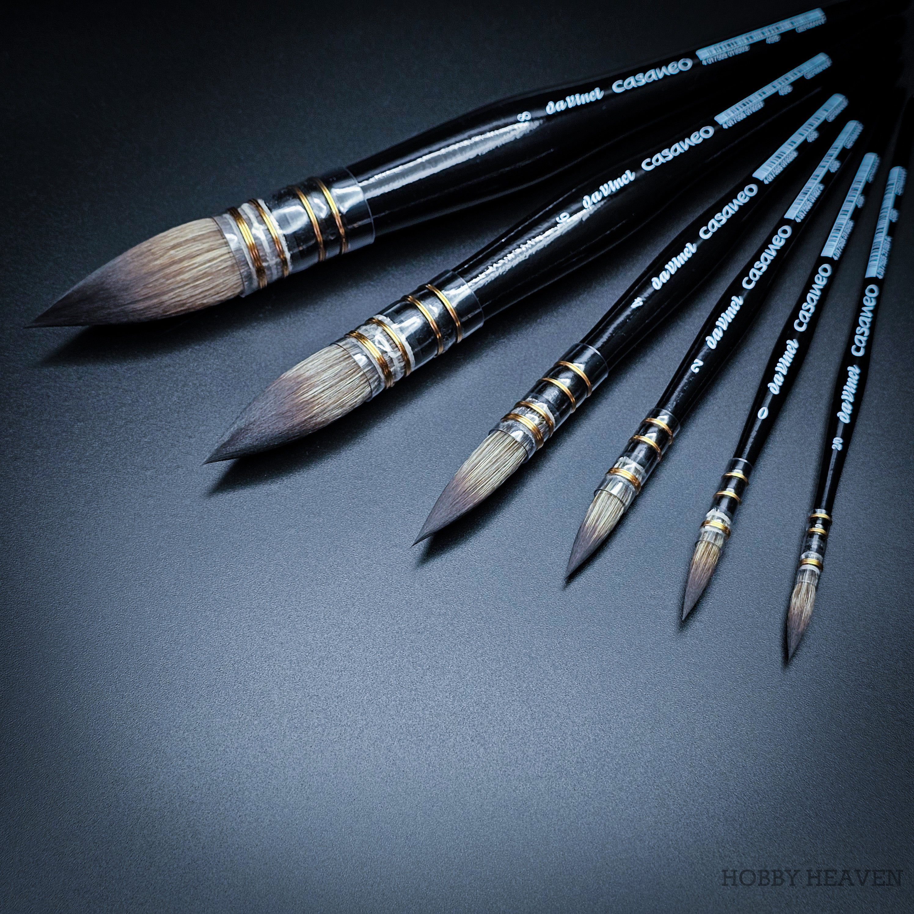 da Vinci Casaneo Series 498 synthetic squirrel wash brushes fanned out, full size range 00 to 8, black quill handles tapering to fine points