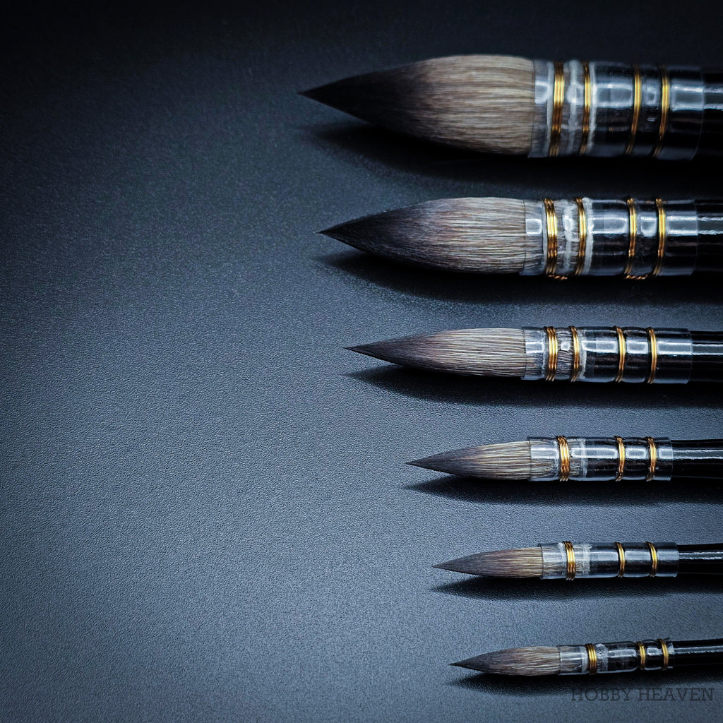 da Vinci Casaneo Series 498 synthetic squirrel wash brushes lined up by size, showing each brush's full belly and tapered point