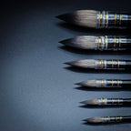 da Vinci Casaneo Series 498 synthetic squirrel wash brushes lined up by size, showing each brush's full belly and tapered point