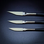 Rosemary & Co Ivory sword liner brush heads in detail — the full belly tapering to a sharp point along one working edge