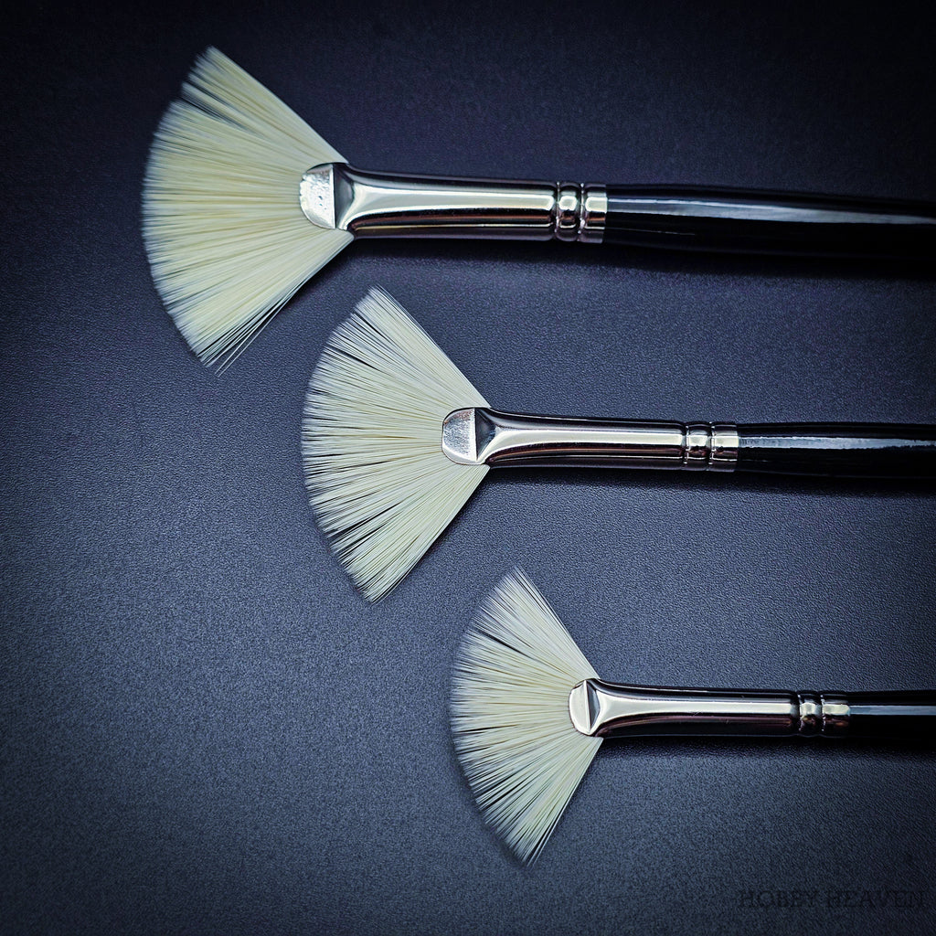 Rosemary & Co Ivory fan brush heads close up, sizes 2 to 6, showing the spread of the cream synthetic fan bristles