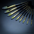 Rosemary & Co Evergreen Filbert brushes size range fanned out, gold ferrules on black handles - Hobby Heaven