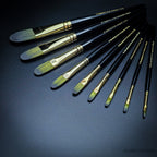Rosemary & Co Evergreen Filbert brushes size range fanned out, gold ferrules on black handles - Hobby Heaven