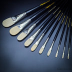 Rosemary & Co Classic Filbert brushes size range fanned out, white bristle heads with silver ferrules - Hobby Heaven