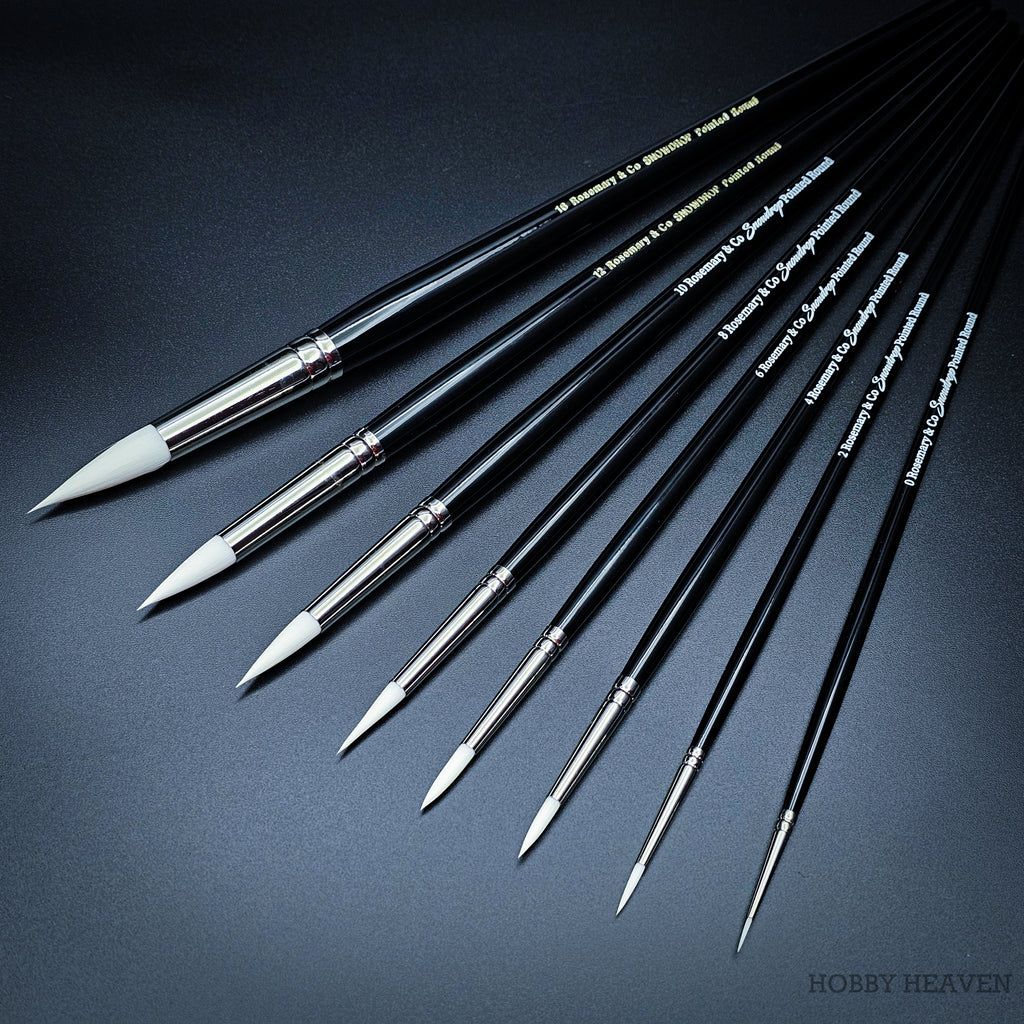 Full Rosemary & Co Snowdrop range — nine pointed round brushes in sizes 0 to 16 on short handles, white taklon bristles on black lacquered handles