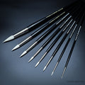 Full Rosemary & Co Snowdrop range — nine pointed round brushes in sizes 0 to 16 on short handles, white taklon bristles on black lacquered handles
