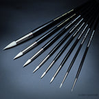 Full Rosemary & Co Snowdrop range — nine pointed round brushes in sizes 0 to 16 on short handles, white taklon bristles on black lacquered handles