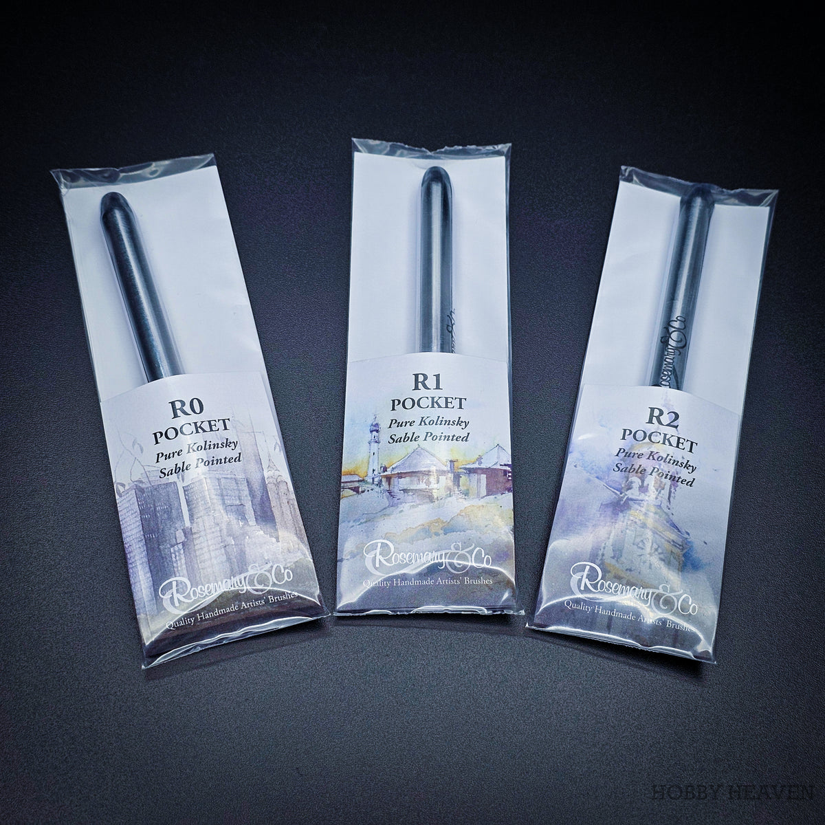 Three Pocket brushes in original Rosemary & Co packaging, R0 size 4, R1 size 6 and R2 size 8 with watercolour artwork labels