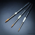 Three Rosemary & Co Pocket Pure Kolinsky Sable pointed round brushes in sizes 4, 6 and 8 with reversible handles open