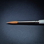 Close-up of R1 Kolinsky sable pointed round brush head showing the naturally tapered fine point