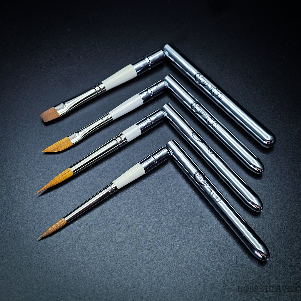 Four Set 35 pocket brushes with handles bent at right angles showing brush heads and reversible caps with Rosemary & Co branding